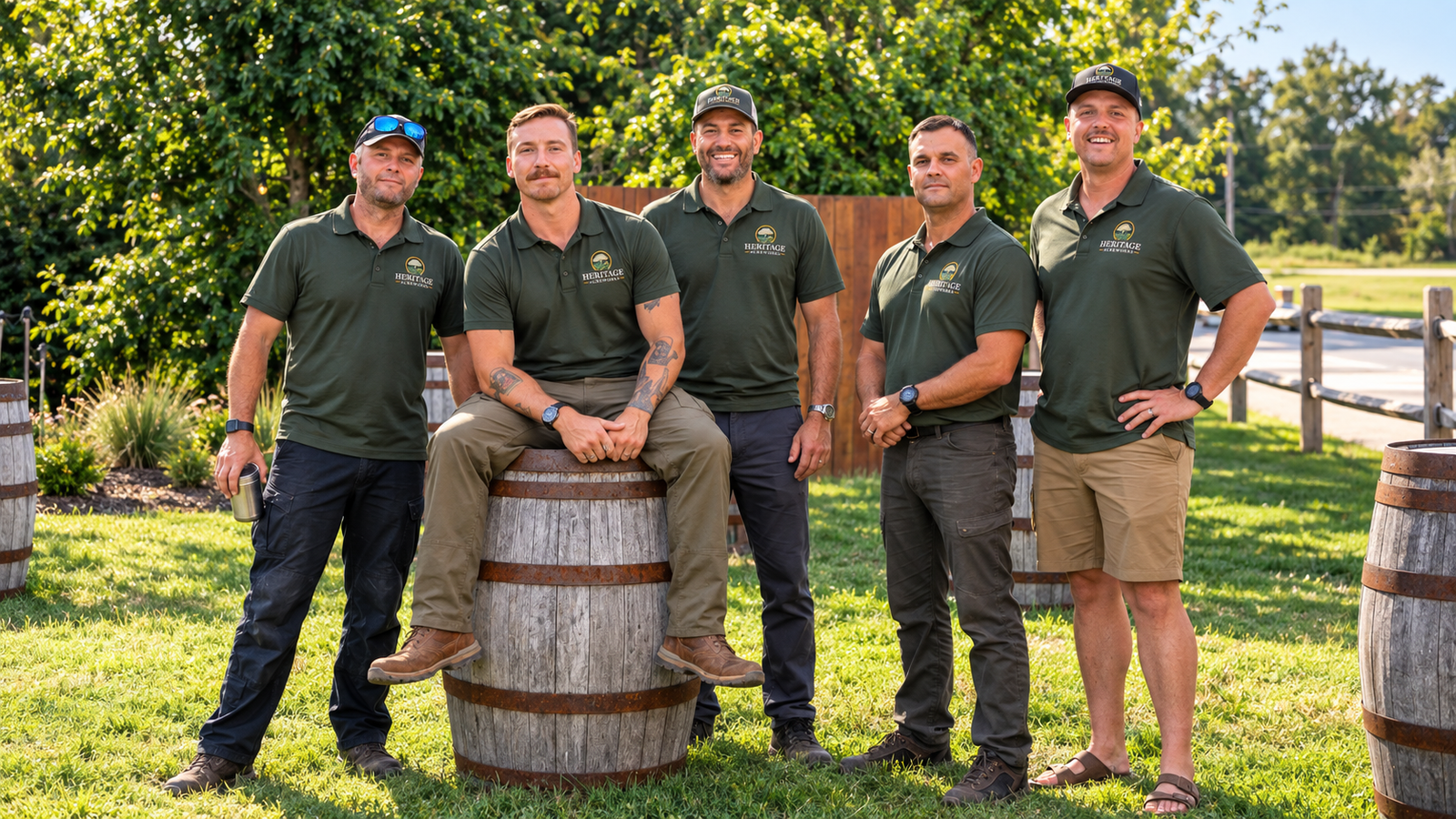 The full Heritage Acreworks crew in green company polos, standing on a lawn